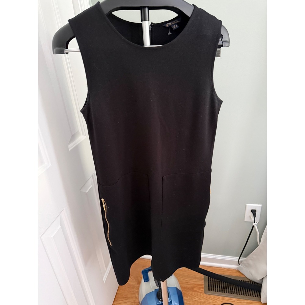 Brooks Brothers Black Sheath Dress Gold Zip Pocket Sleeveless Career Size S